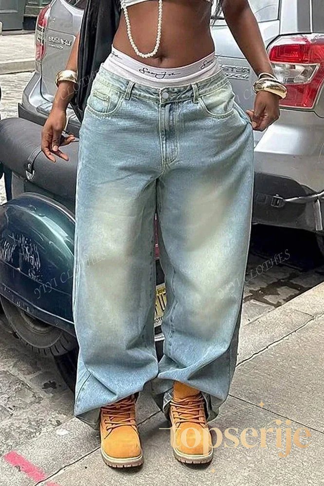 Vintage Washed Loose Fit High Waist Jeans