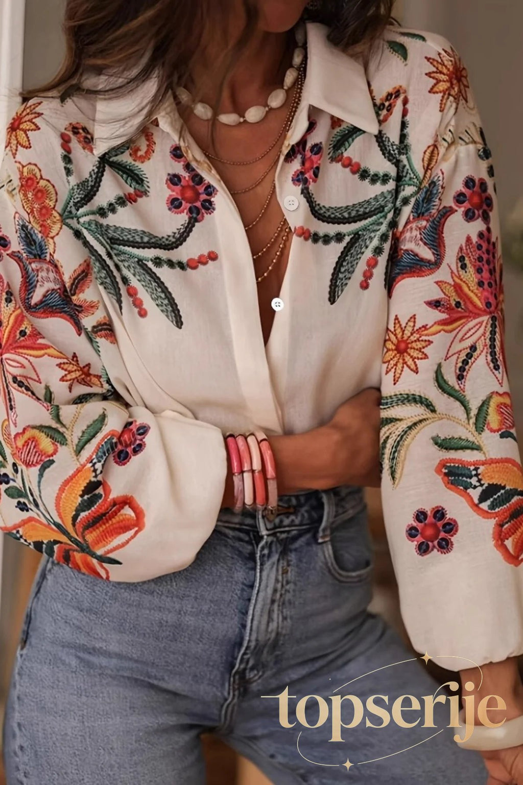 Loose Fit Digital Print Chic Long Sleeve Blouse