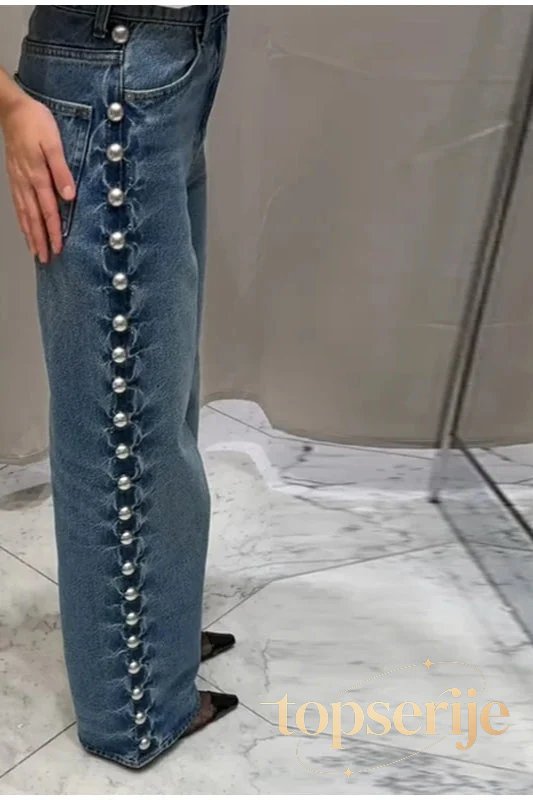 Beaded High Waist Straight Leg Jeans