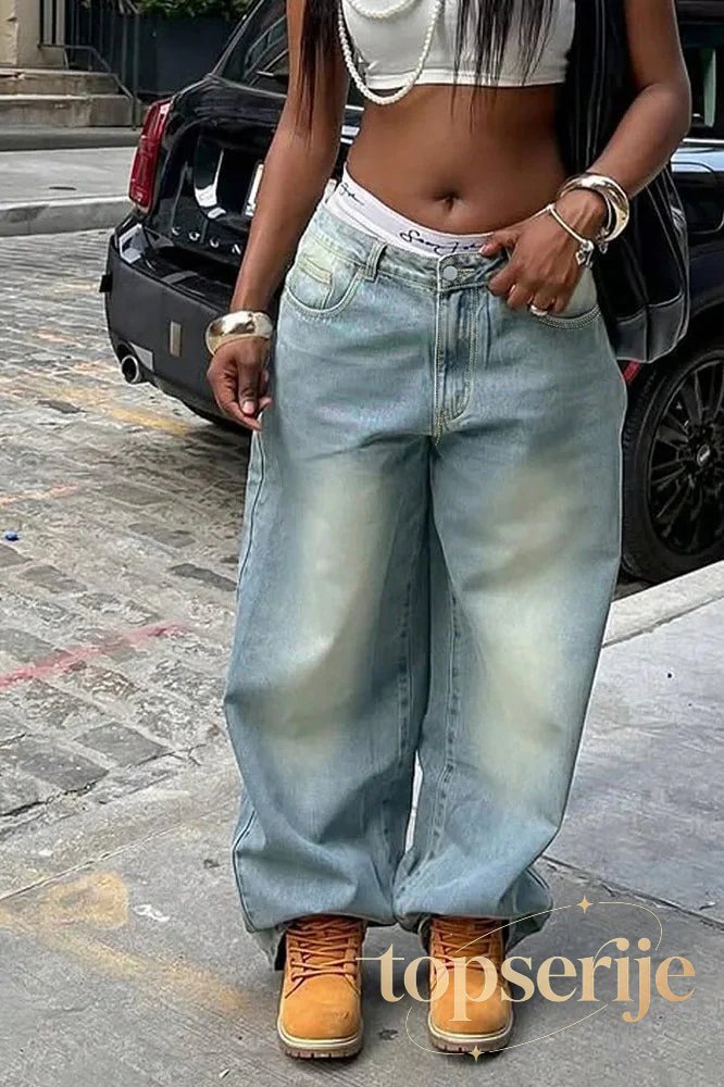 Vintage Washed Loose Fit High Waist Jeans