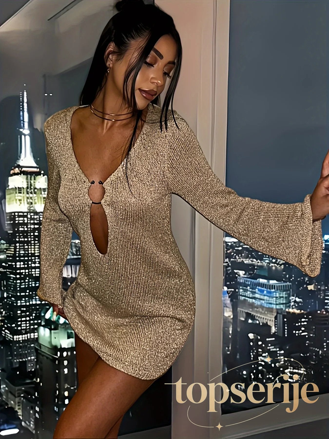 Knitted Flared Sleeve V Neck Mini Dress