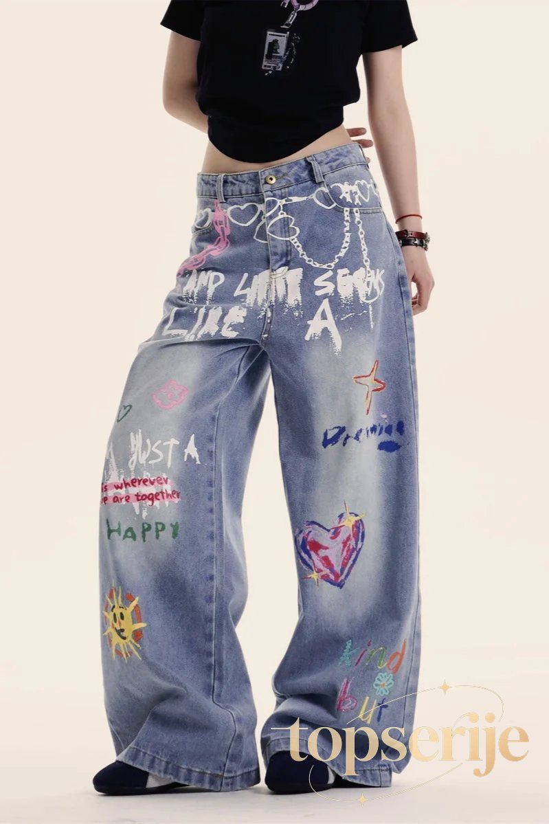 Y2K Baggy Graffiti Print Jeans