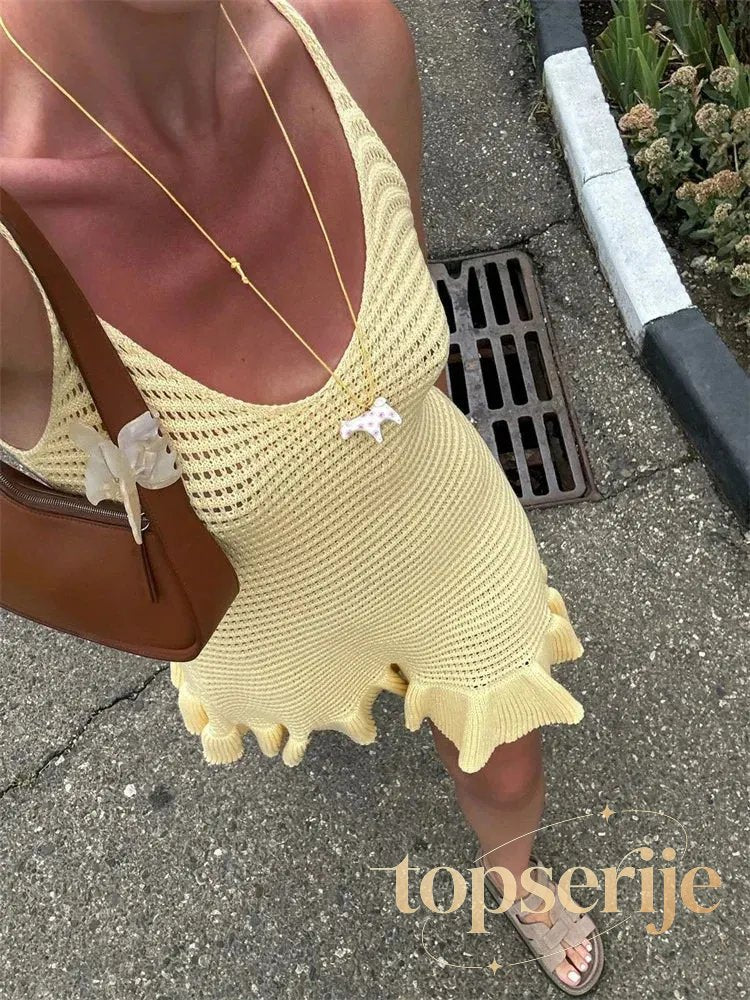 Knit Ruffle Hollow See-Through Mini Dress