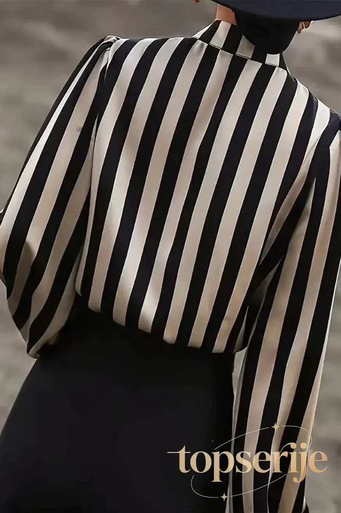 Striped Plus Size Satin Gold Button Elegant Workwear Blouse