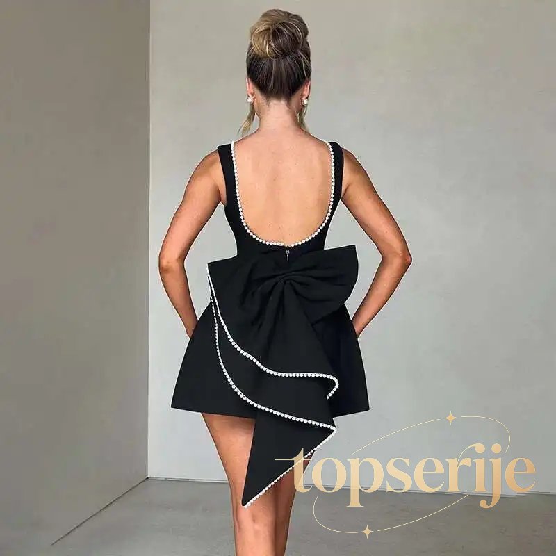 Pearl Bow Waist Wrap Backless Mini Dress