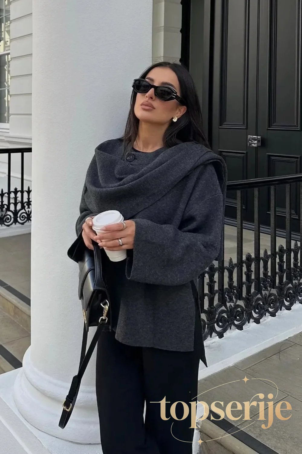 Cropped Knit Asymmetric Scarf Collar Coat