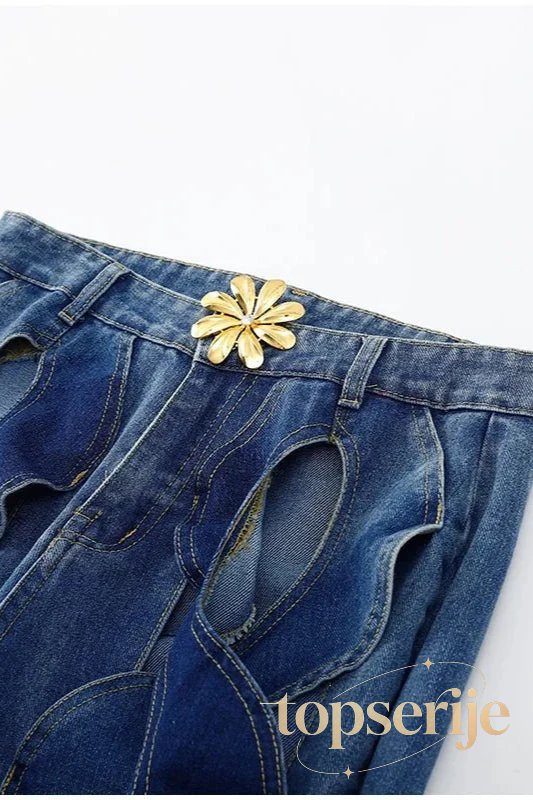 Hollow Button Patchwork Wide Leg Jeans